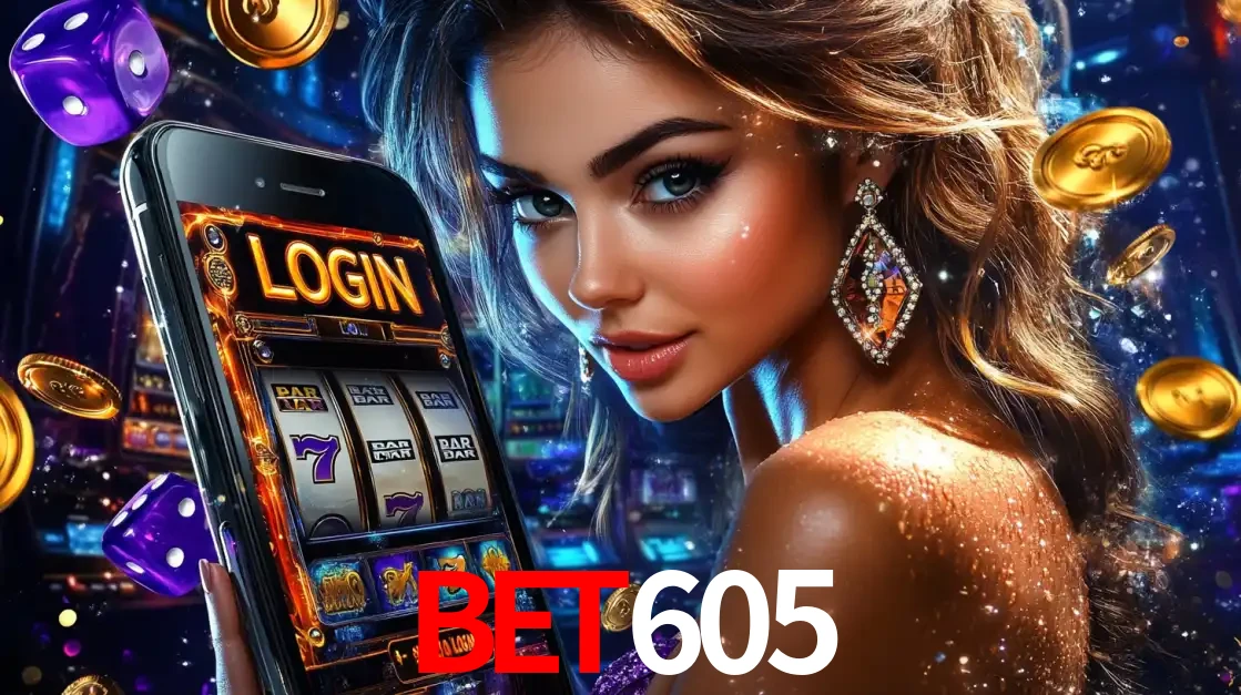 Mulher glamorosa segurando um smartphone com a tela de login para os jogos de caça-níqueis do cassino online BET605, com moedas de ouro e dados ao redor.