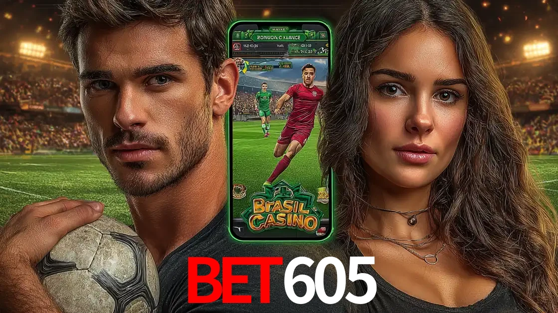 Homem segurando uma bola de futebol e uma mulher ao lado de um smartphone exibindo o jogo de apostas esportivas da BET605. Faça seu palpite no cassino online.